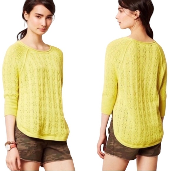 Anthropologie Sparrow Sweater XS 100% Cotton Yellow Chartreuse Open Knit Crochet - Picture 12 of 13